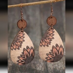 Wooden Sunflower Teardrop Earrings